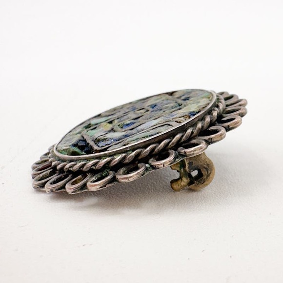 Vintage Taxco EVM Sterling Silver Brooch Pendant Crushed Turquoise Inlay c 1940s - Picture 7 of 13